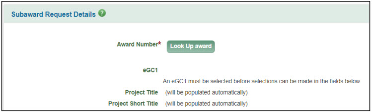 subaward request award lookup button