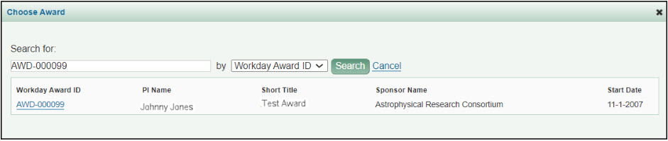 subaward request award lookup results