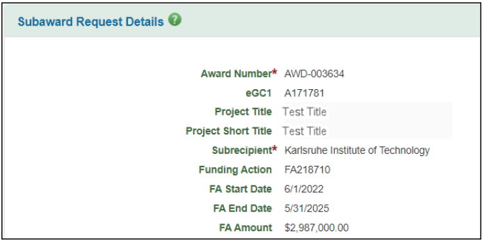 subaward request details with F A data