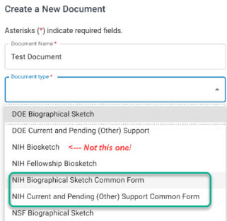 Create New Document dropdown selection from SciENcv highlights that the first NIH Biosketch listed is not the correct form to select. The correct forms to select are circled in green and read as NIH Biographical Sketch Common Form and NIH Current and Pending (Other) Support Common Form.