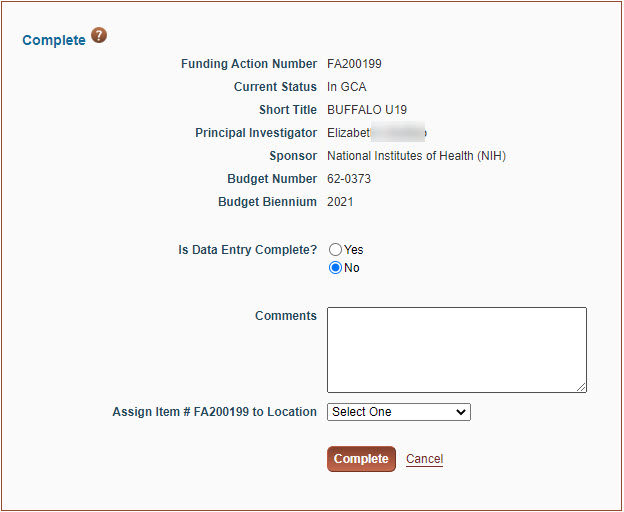 action complete dialog