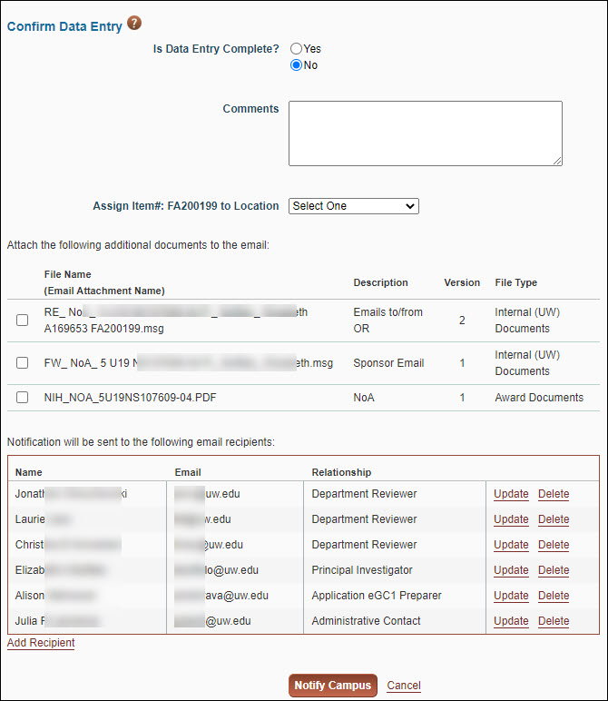 confirm data entry section