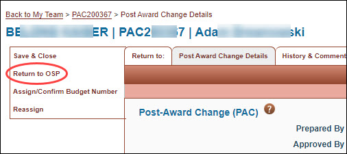 return to O S P link on the left navigation menu