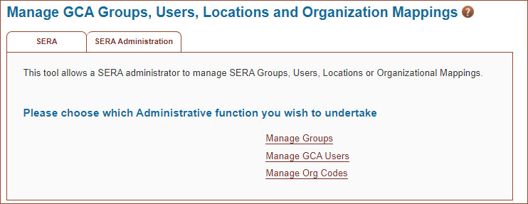 Manage Groups, Users, Org Codes tool page