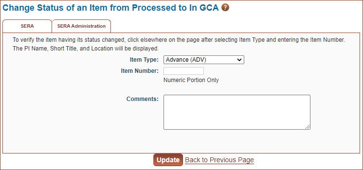 sera admin tools unprocess an item