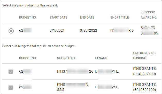 advance with sub budgets selected