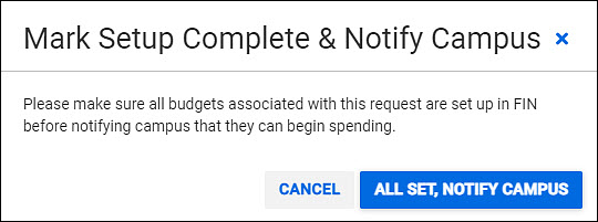 advance budget section complete and notify dialog