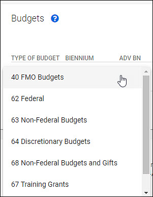advance budget section budget type menu