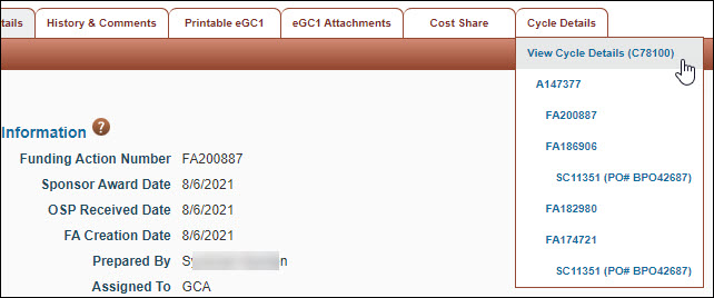 cycle details tab showing fly-out menu