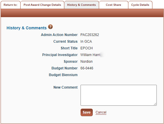 history and comments for funding actions and post-award changes