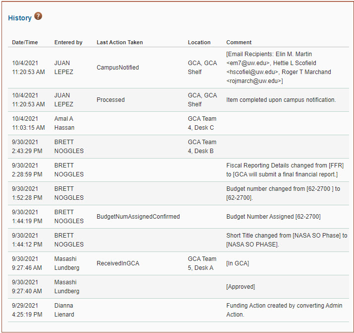 history and comments page comments section