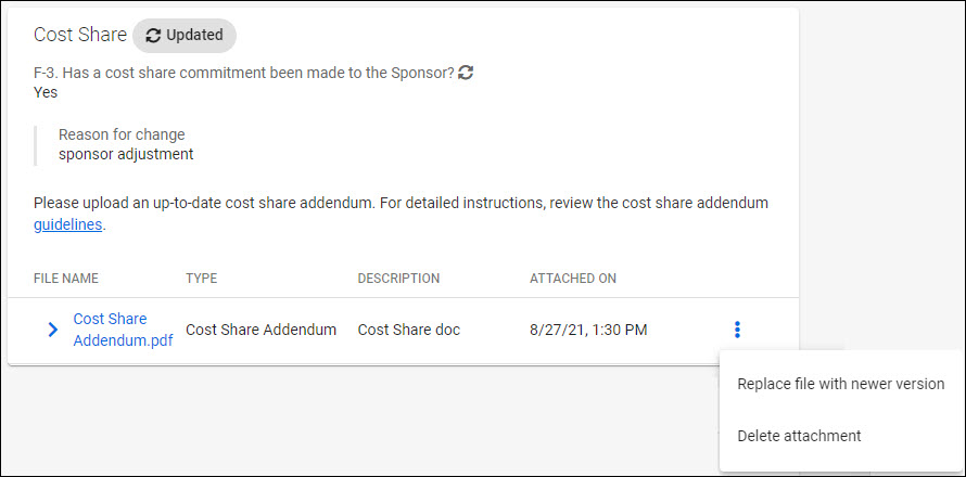 cost share addendum menu
