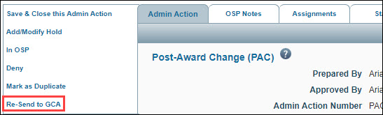 action re-send to G C A menu link