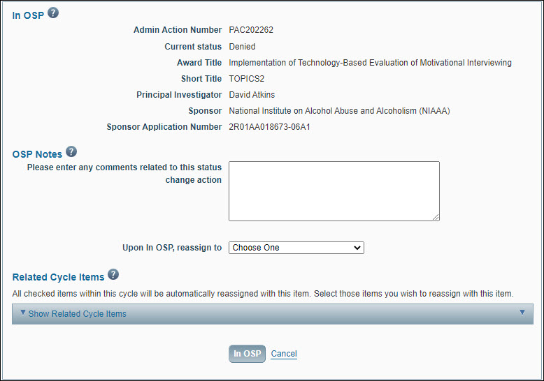 action to in O S P dialog