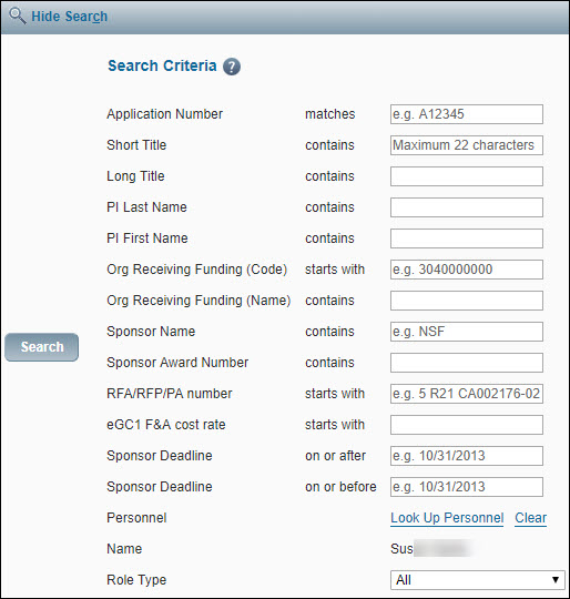 application tasklist search criteria