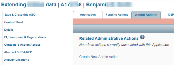 application admin action tab