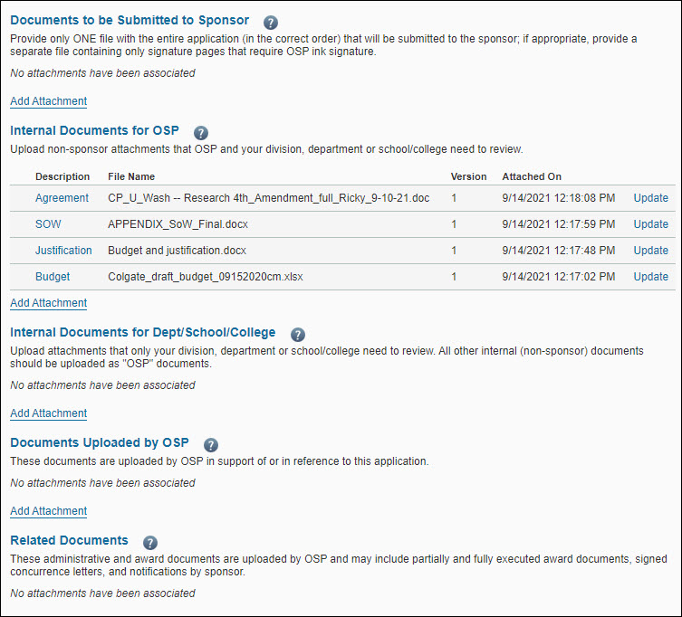 application add attachments section