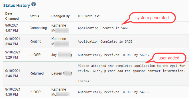 status history on an application
