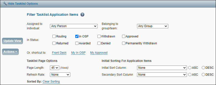 application tasklist options