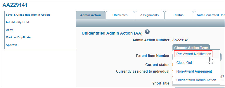 select admin action type from menu