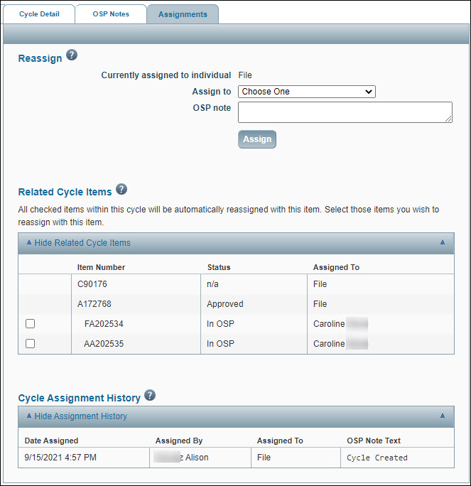 cycle assignments tab