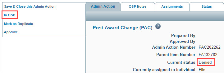 action left menu in O S P choice