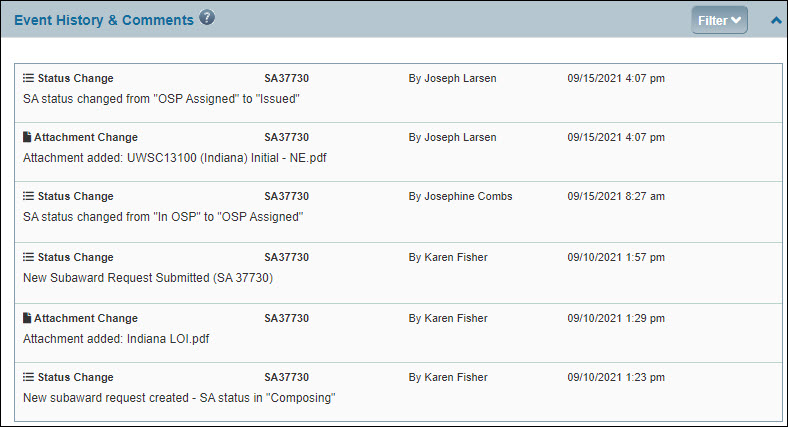 subaward event history and comments