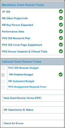 grant runner left navigation menu