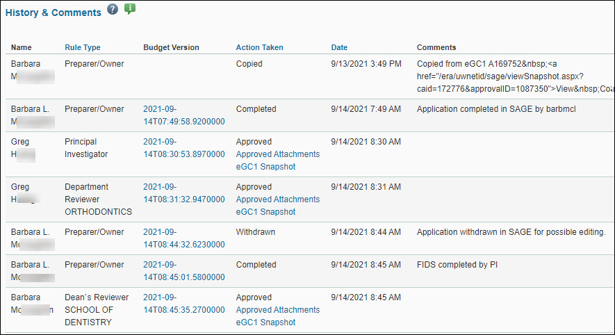 approvals history and comments
