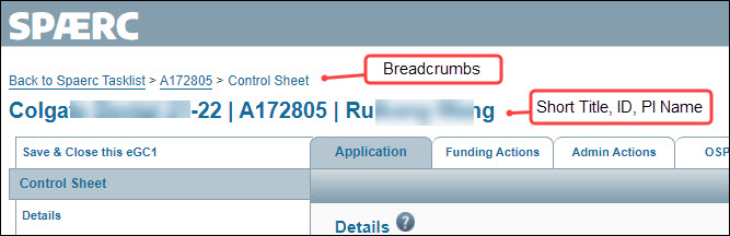 item breadcrumb links, title, I D, and P I name