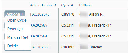 open cycle from tasklist actions button