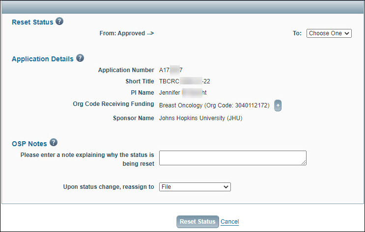 application reset status dialog