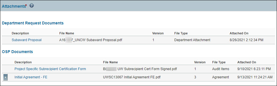 subaward attachments section