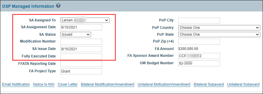 subaward O S P managed information
