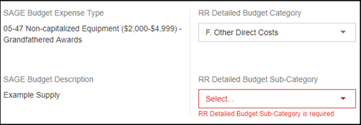 sponsor budget map expense with required sub-category