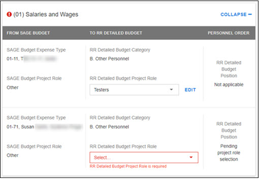 personnel row showing select in drop-down
