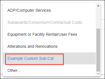 sponsor budget map sub-category drop-down with custom entry