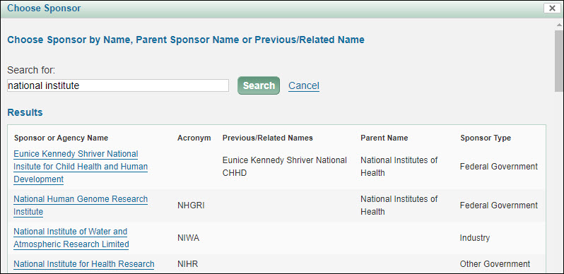 sponsor chooser results list example