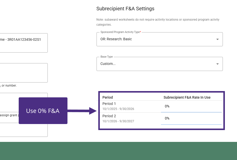 displays F&A as 0% with callout to "Use 0%" F&A"