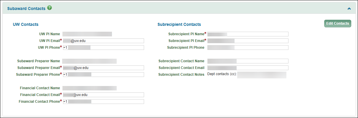 Subawards Contacts section