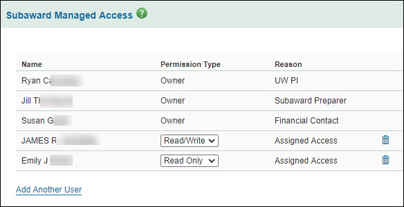 subawards manage access section