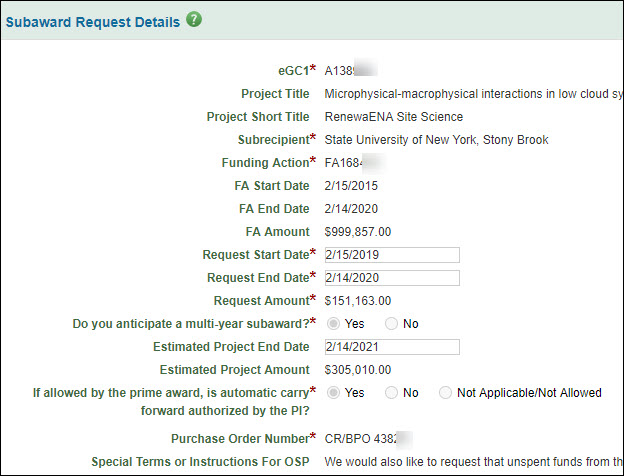 subawards request details section