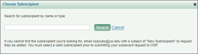 choose subrecipient dialog