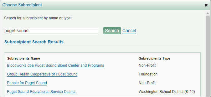 example of subrecipients results list