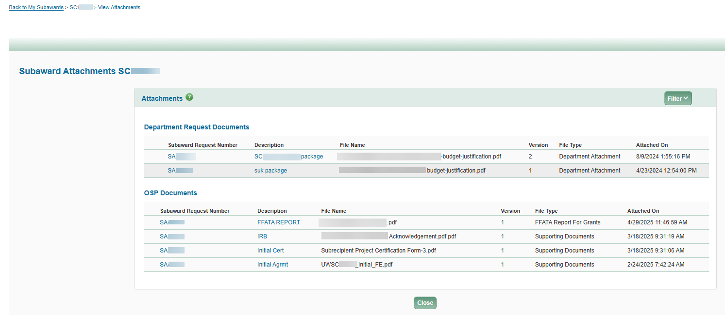 subawards view attachments page