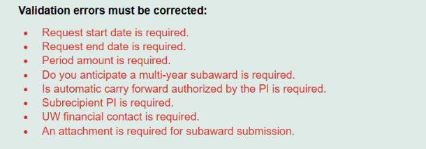 Submit a subaward validation errors