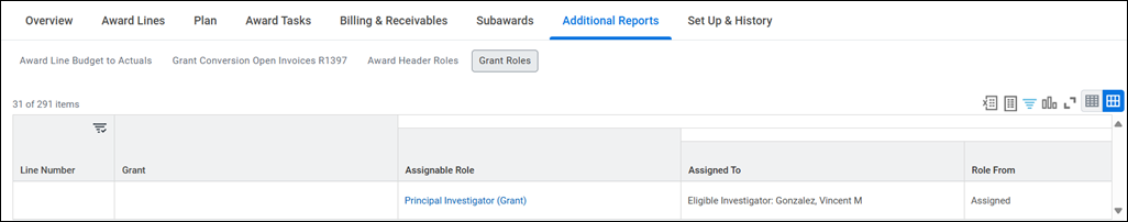 Workday image of additional reports illustrating the Eligible Investigators field.