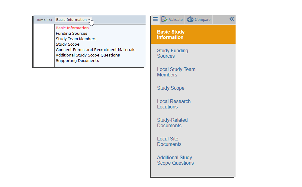 The old jump to menu is displayed on the left, and the new left hand navigator is displayed on the right
