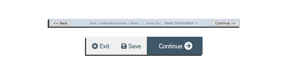 The top image shows the old save, exit and continue buttons and the bottom image shows the new persistent save, exit and continue buttons