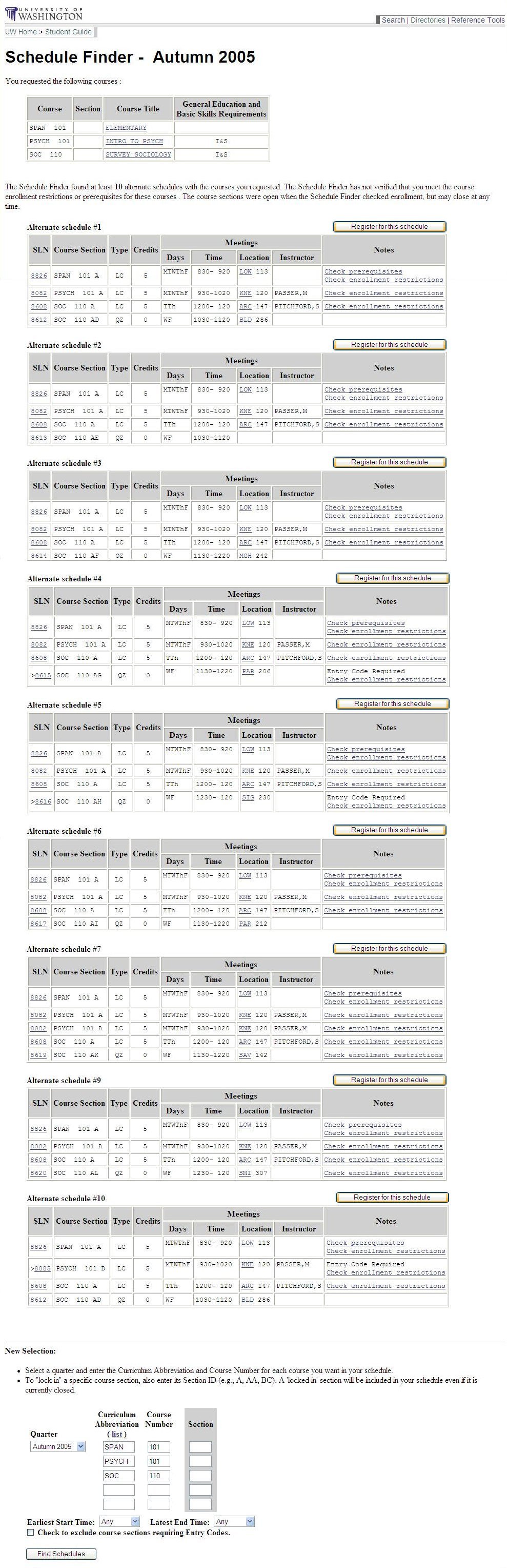 Schedule Finder Confirmation 
Screen